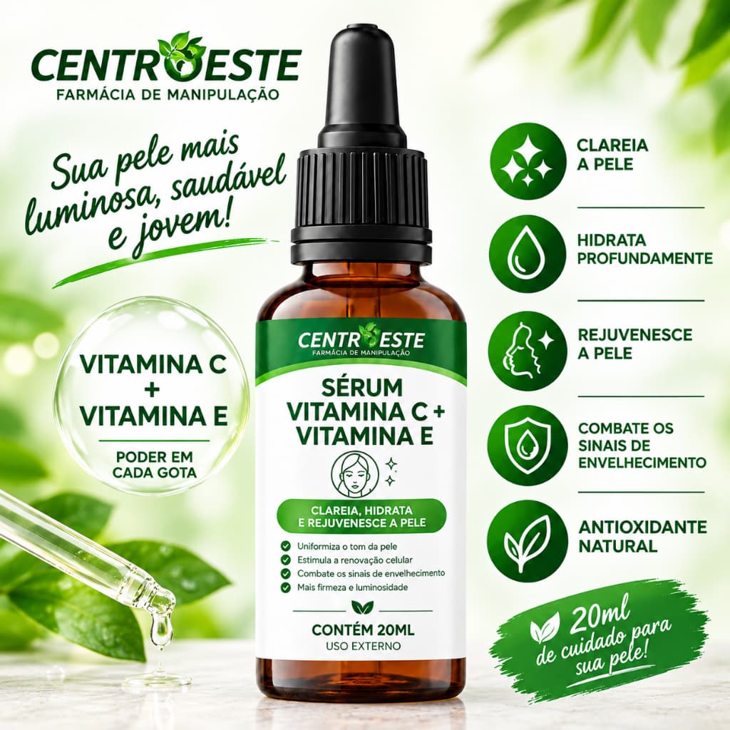 Sérum Vitamina C + Vitamina E Clareia Hidrata e Rejuvenesce a pele 20ml