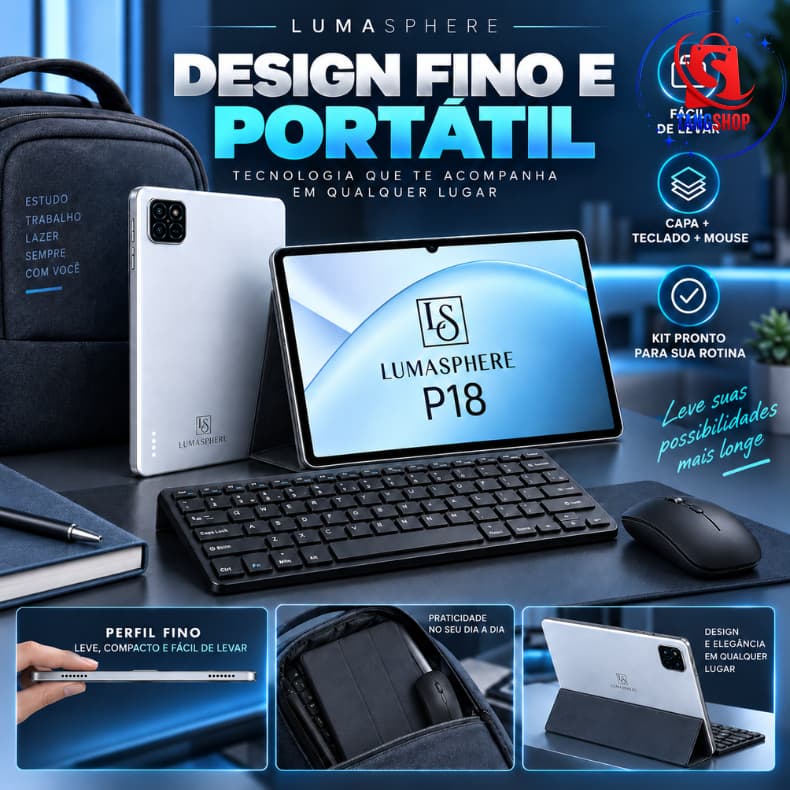 Tablet 10.1 Com Teclado/Mouse 6GB RAM 128GB Android 13 Câmera 50MP LumaSphere