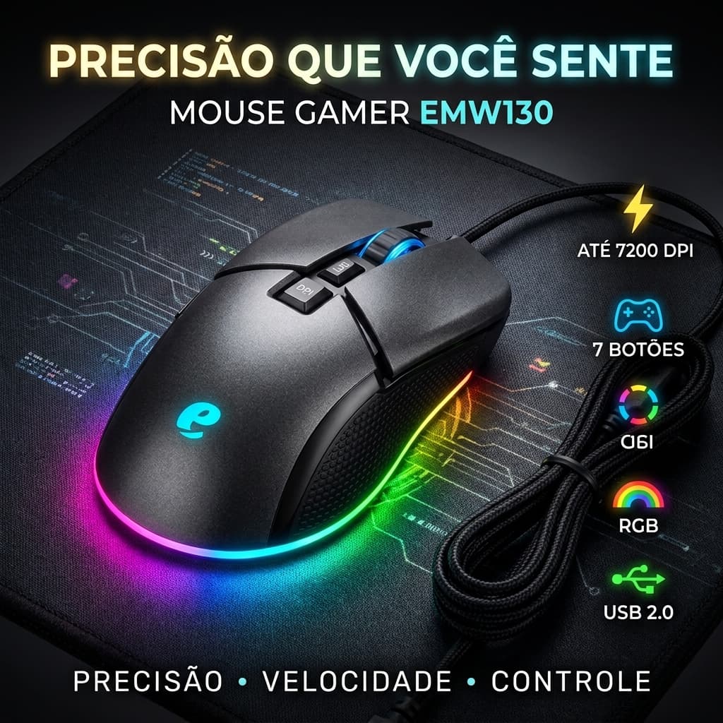 Mouse Gamer Acer EMW130 USB 7200 DPI RGB 7 Botões Óptico Com Fio PC Notebook Preto Gamer Pro Alta