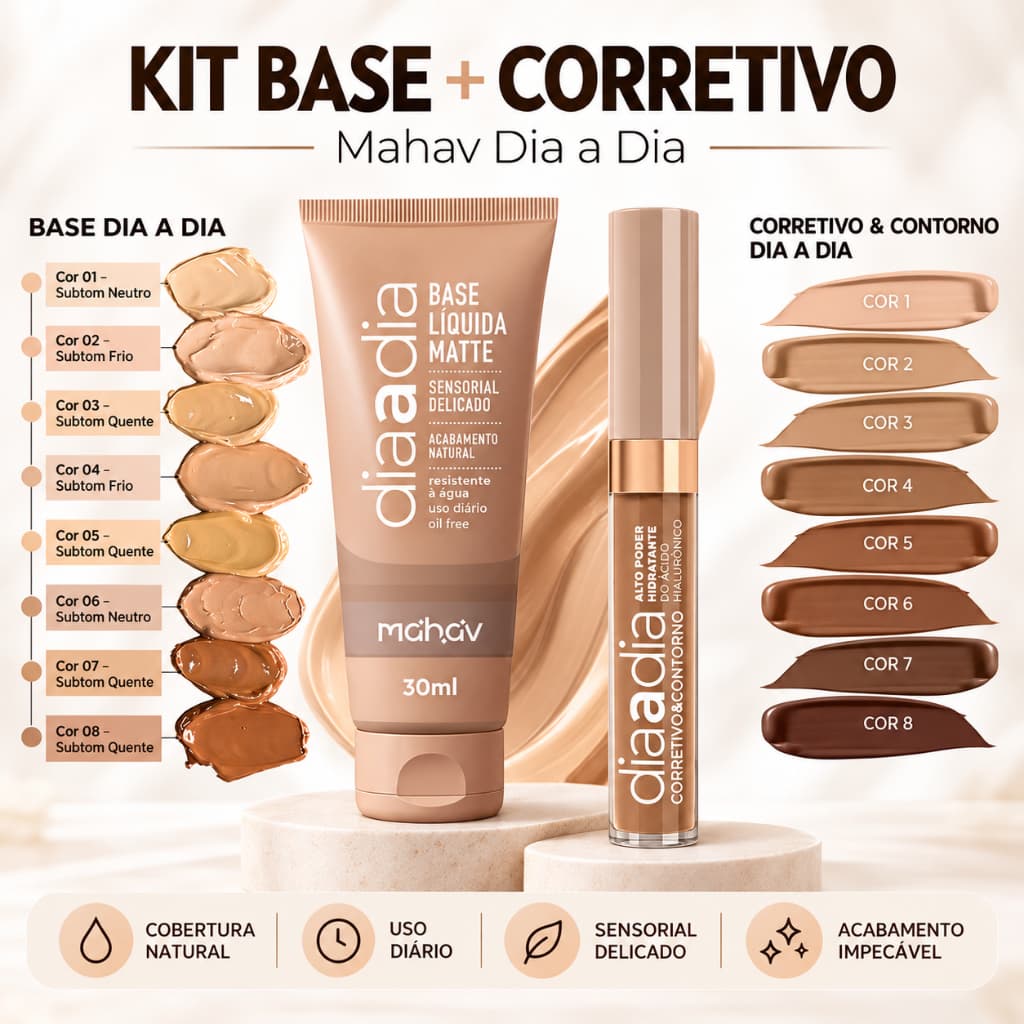 Base Líquida Matte + Corretivo Líquido Matte Dia a Dia Mahav