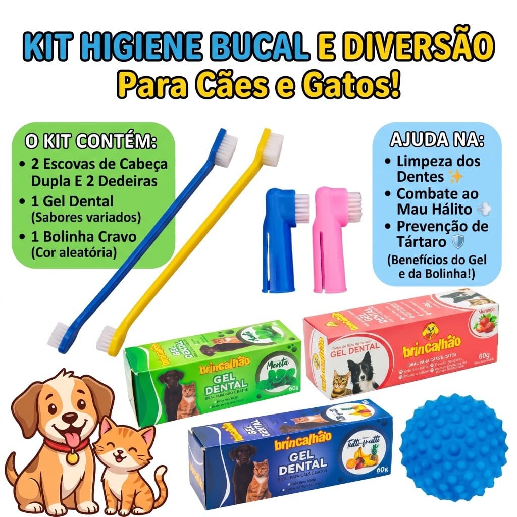 Gel Dental Para Cachorro Gato + 4 Escovas de Dente + Brinquedo Contra Tártaro e Mal Hálito