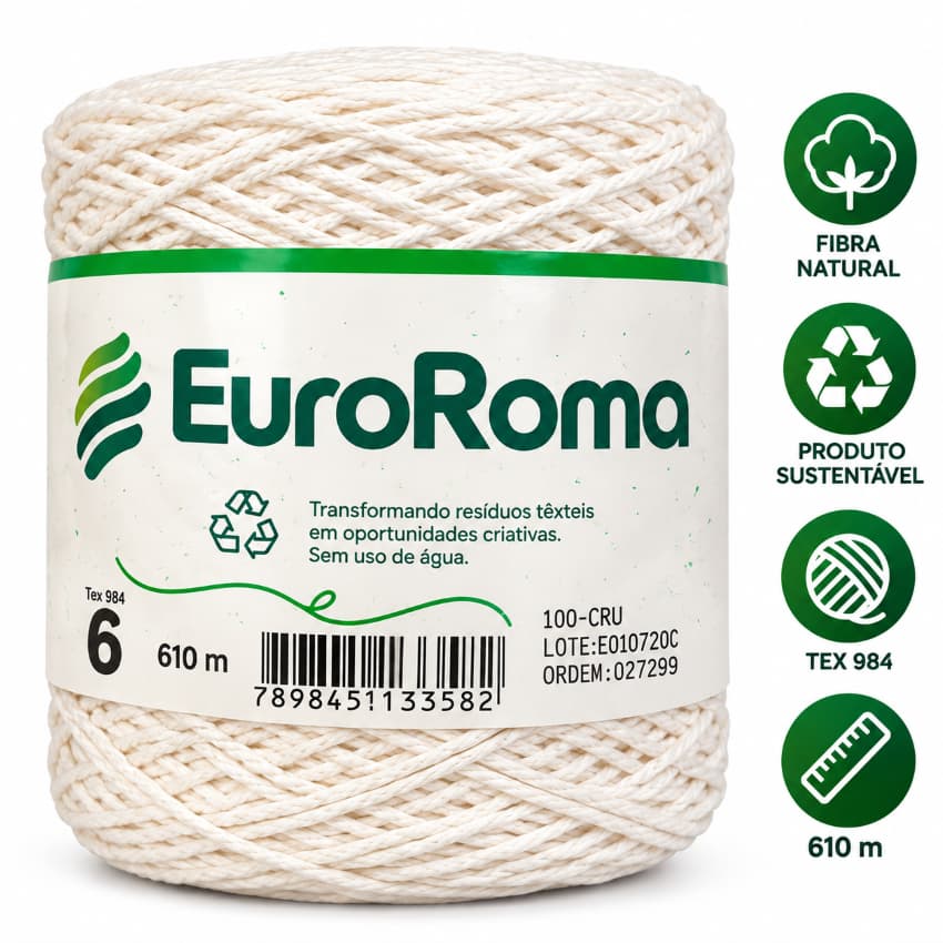 Título para o anúncio Barbante EuroRoma Cru Nº 6 – 610 Metros | Fio Sustentável para Crochê, Artesanato e Macramê