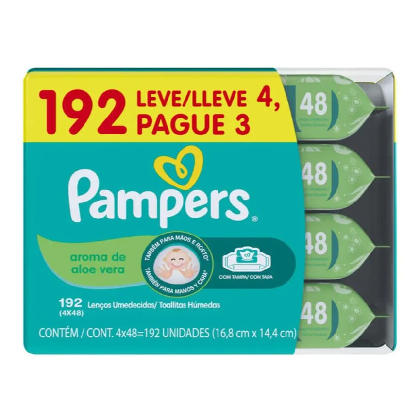 Kit Lenço Umedecido C/Aroma de Aloe Vera Pampers Cuidado De Bebê 4 Pacotes 48 Unidades - Original