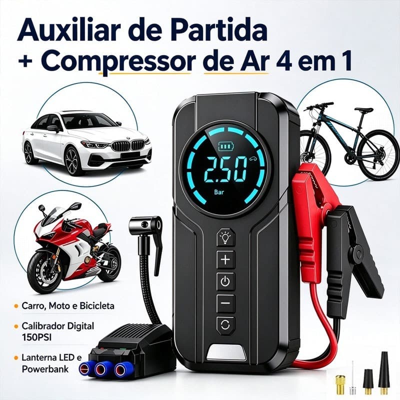 Auxiliar de Partida Carregador Bateria com Compressor de Ar Digital Emergência Portátil Veicular Automotivo Lanterna LED