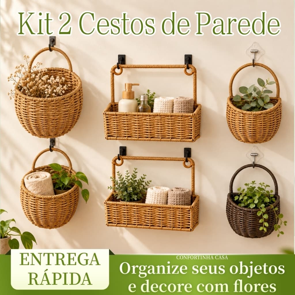 Kit 2 Cestos Organizadores de Parede com Alça Multiuso para Decoração Flores e Banheiro