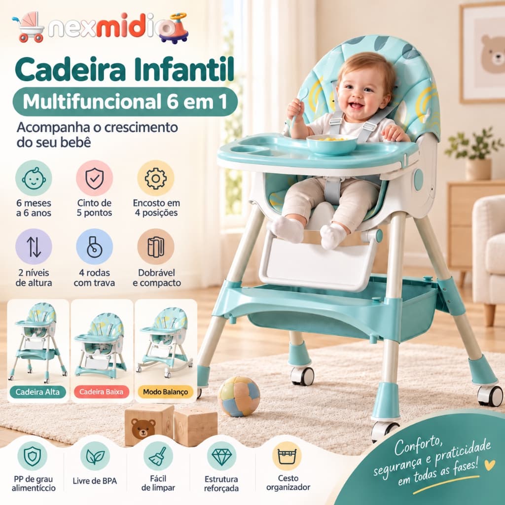 Cadeira de Alimentação Bebê 6 em 1 Multifuncional Dobrável com Rodinhas