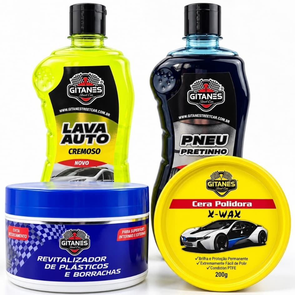 Kit Shampoo Lava Auto Pneu Pretinho Revitalizador de Plástico Cera Polidora Cremosa Completo Lavagem Estética Carro Moto