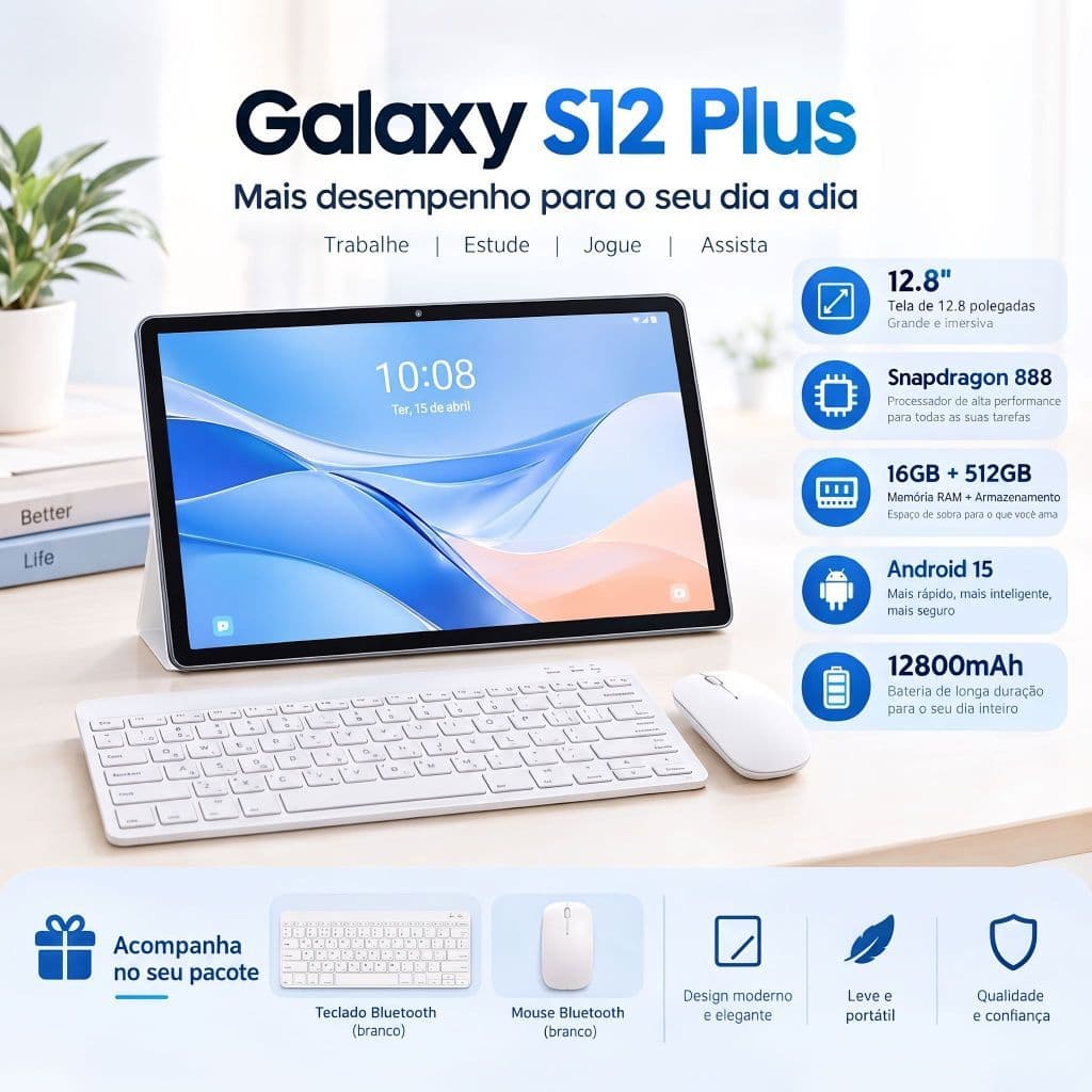Tablet Galaxy S12 Plus Tablet | 16GB RAM 512GB | 12.8" HD Screen | Android 15 | 5G | WIFI