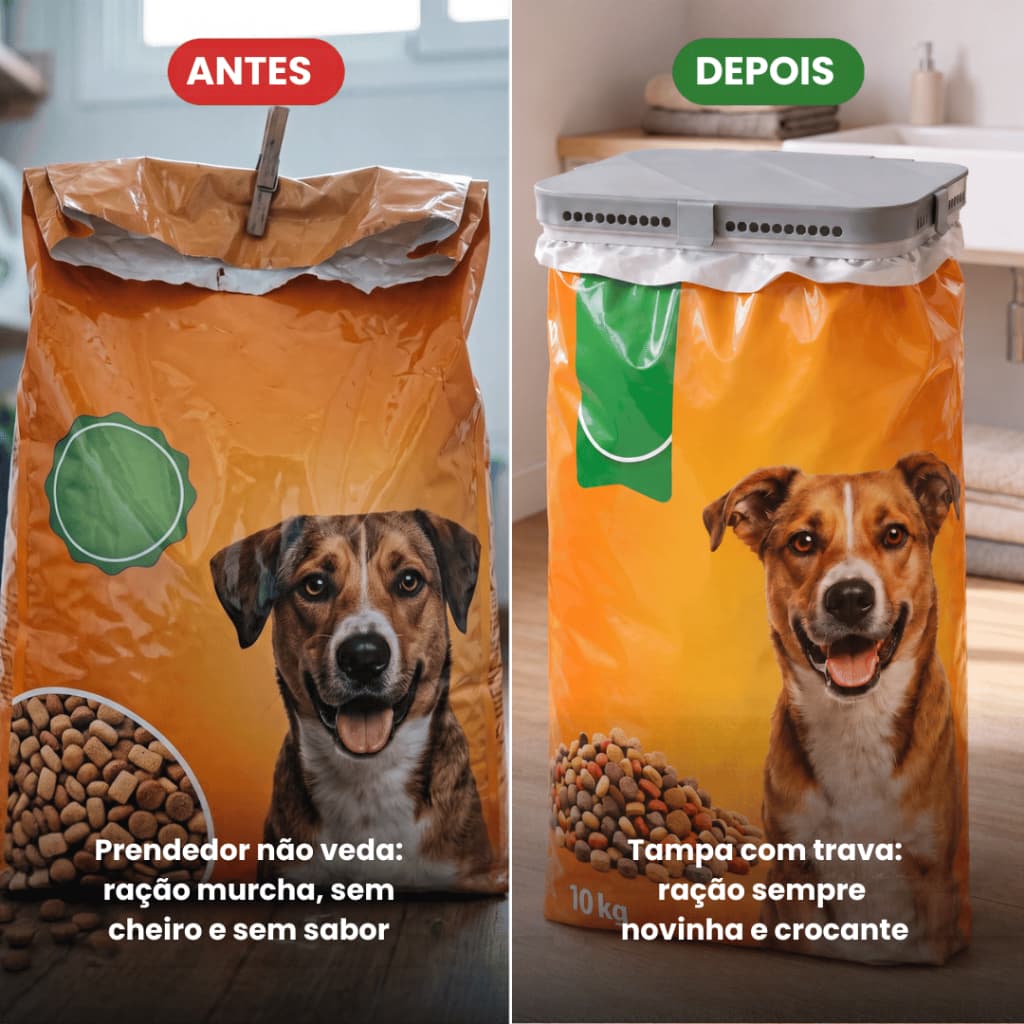 Tampa para Saco de Ração 5 10 15 20 Kg com Pá Dosadora Fecha Veda Saco Cachorro Gato Porta Ração Prática