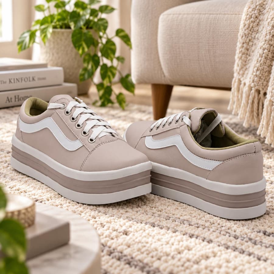 Tênis Feminino Casual com Cadarço Sola Alta de Borracha Confortável para Uso Diário Material Sintético e Têxtil