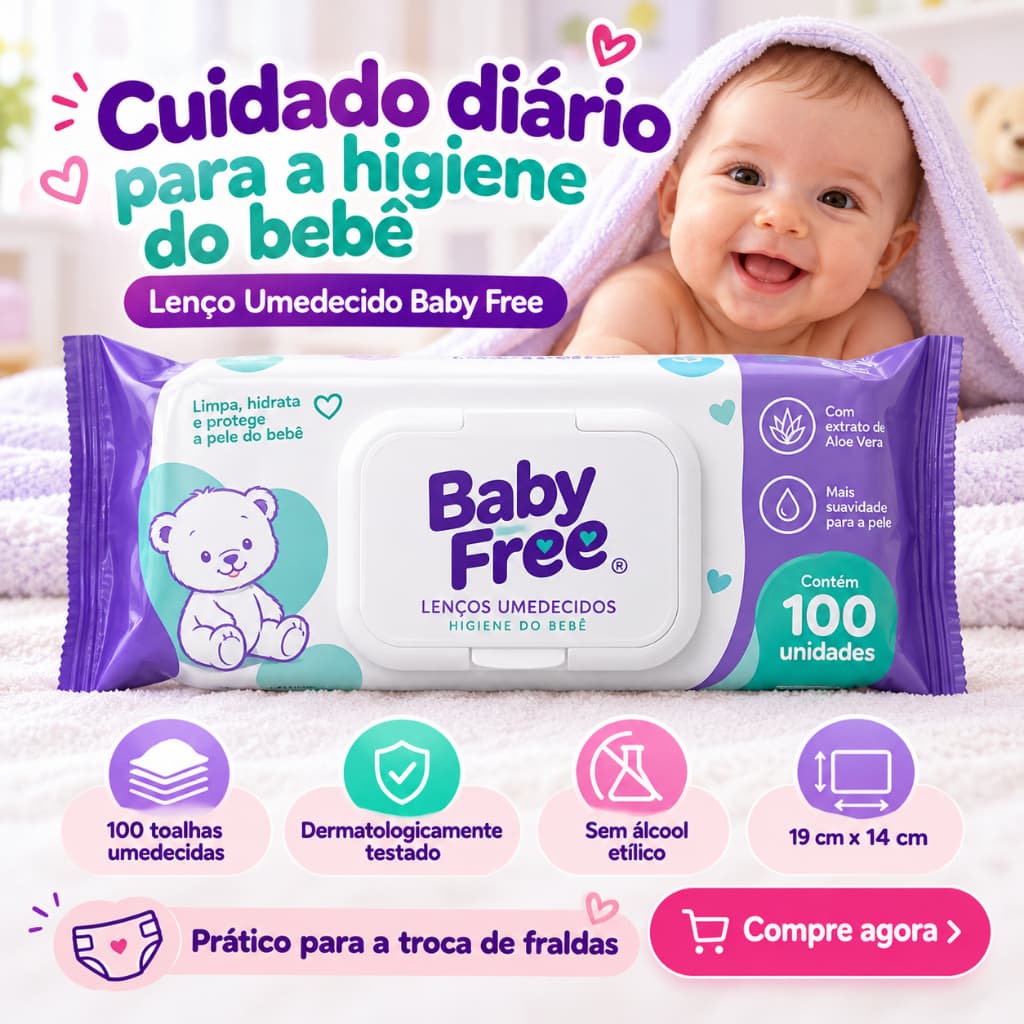 Lenço Umedecido Baby Free 100 Unidades Toalhas Umedecidas Para Higiene do Bebê Troca de Fraldas