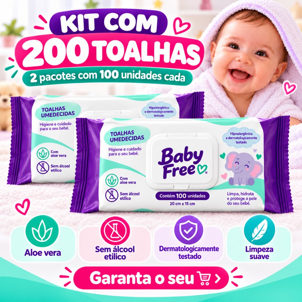 Kit 200 Lenços Umedecidos Baby Free 2 Pacotes com 100 Toalhas Umedecidas para Bebê