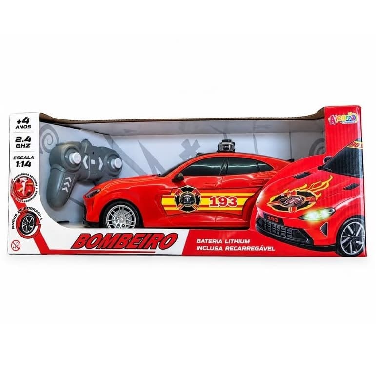 CARRINHO CONTROLE REMOTO VIATURA BOMBEIROS INFANTIL RECARREGÁVEL USB GIROFLEX SOM LUZ FARÓIS SETAS