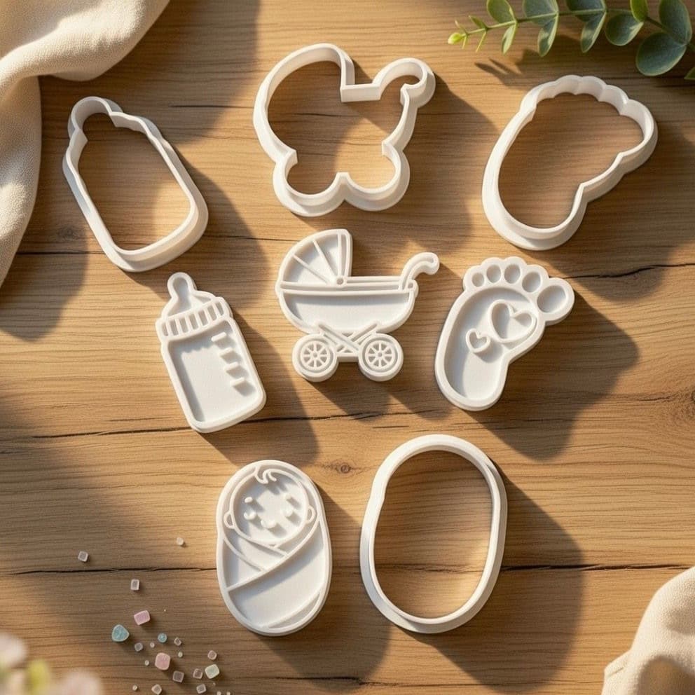 Lindo Kit Chá de Bebe 4 peças fofos para fazer biscoito/doces, carrinho de bebê, mamadeira, pezinho e bebê.