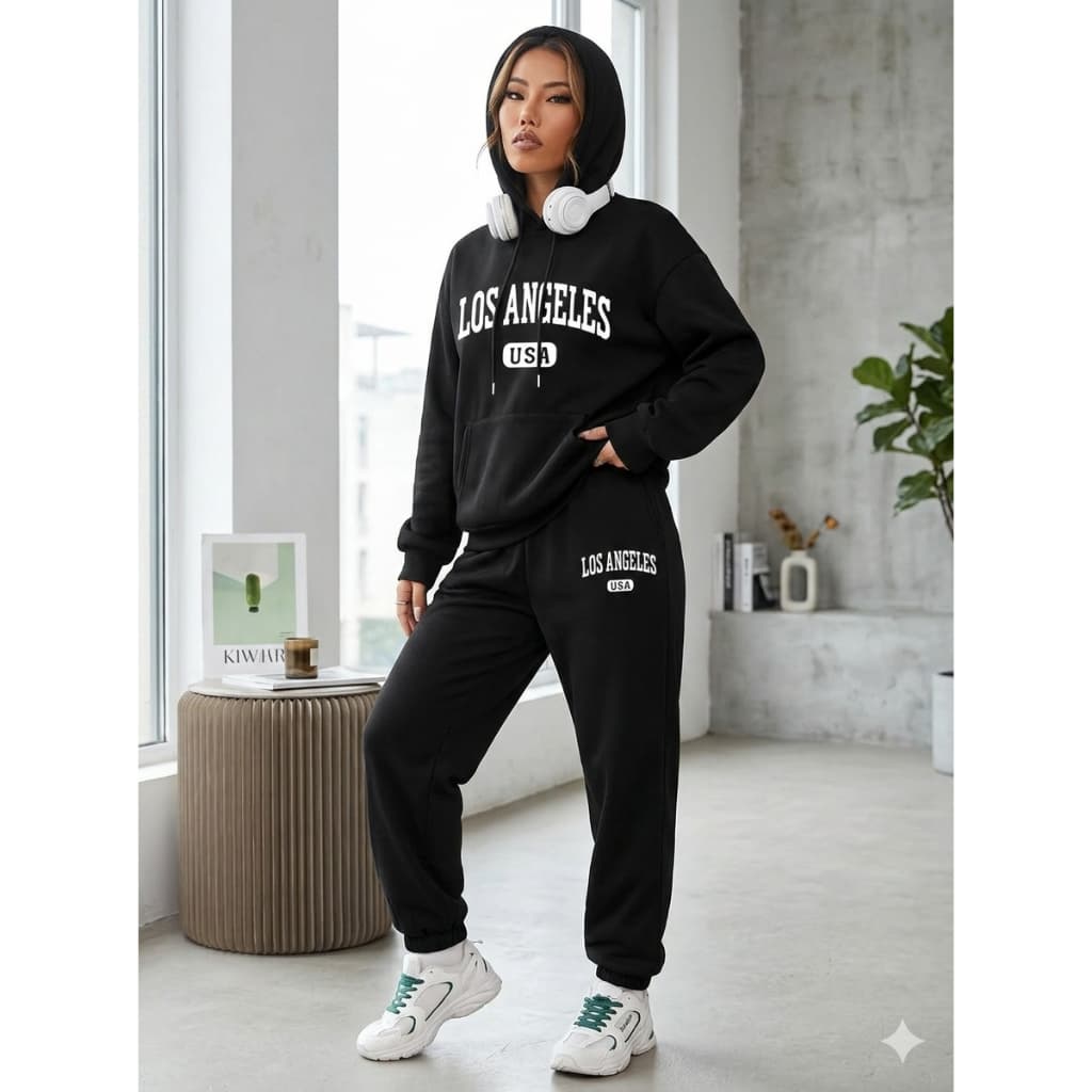 Conjunto Moletom Feminino Los Angeles USA Calça e Blusa de Frio Com Capuz Casual Inverno