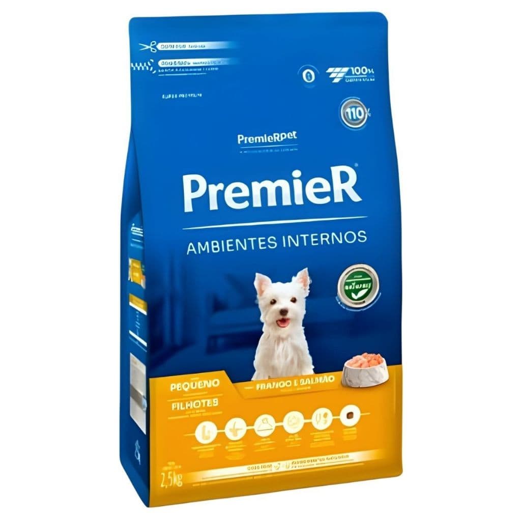 Ração Premier Ambientes Internos Cães Filhotes Pequeno Porte Frango e Salmão - 2,5Kg