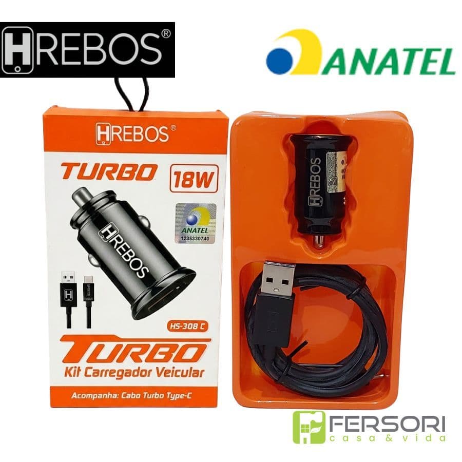 Carregador Veicular Turbo Hrebos HB-308C + Cabo Tipo-C USB-C Original