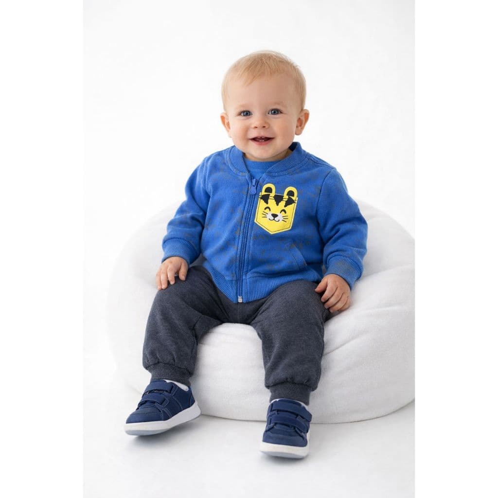 Conjunto Infantil Menino   Bebê Moletom Flanelado Inverno – Jaqueta de Zíper Estampa Animais + Calça Moletom