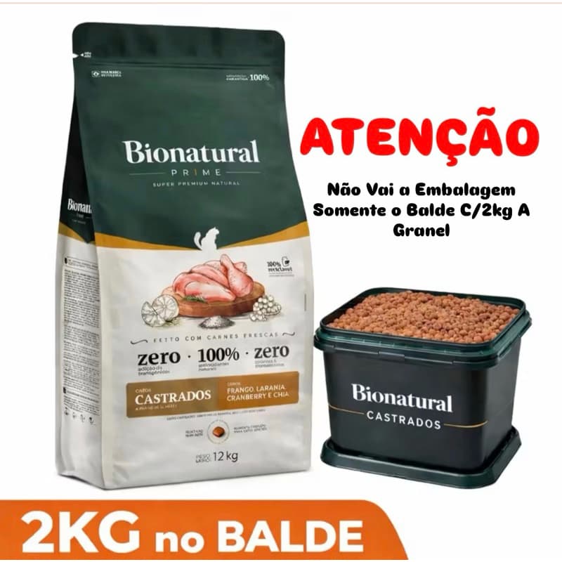 Ração Bionatural Prime Super Premium Para Gatos Castrados Sabor Frango 2Kg A Granel Vai no Balde