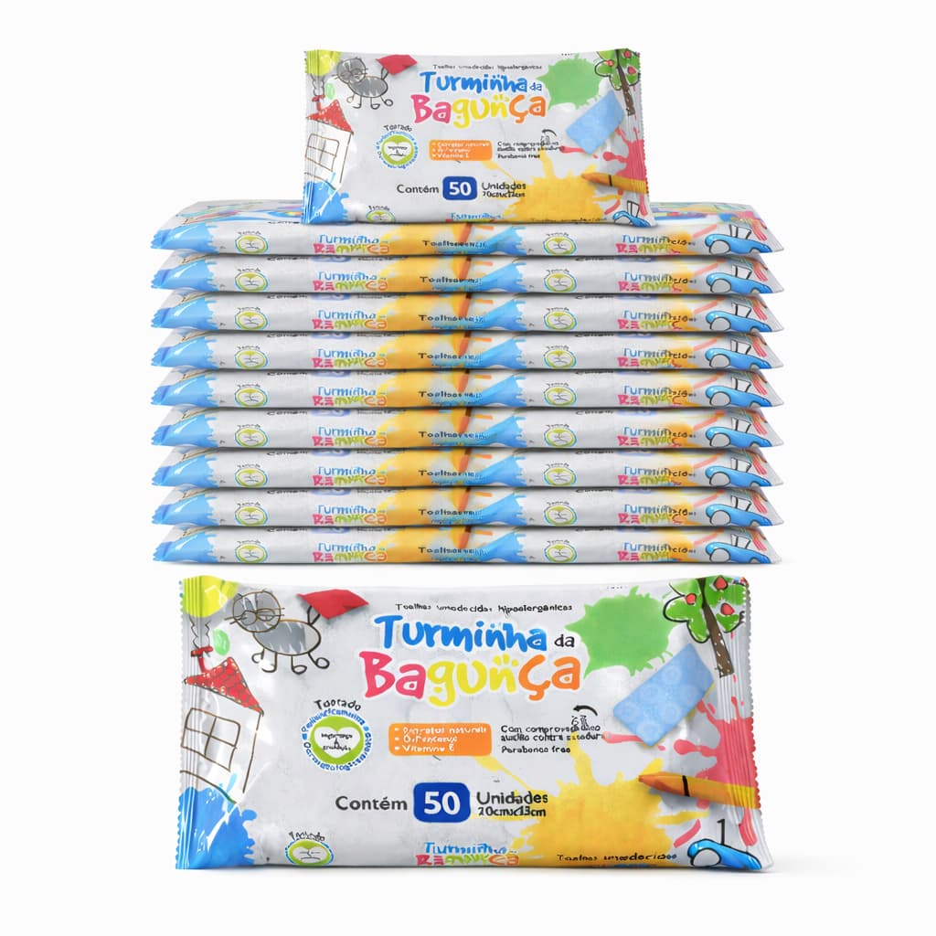 Kit com 20 Toalhas Umedecidas 50 Folhas Turminha da Bagunça - 98% Água Lenço Umedecido