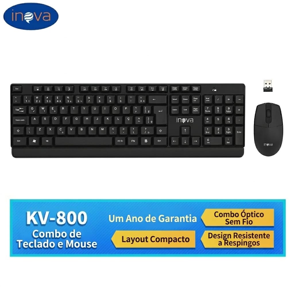 INOVA Teclado E Mouse Sem Fio KV-800 ABNT2 2.4GHz Wireless Office PC Notebook Receptor Nano Usb