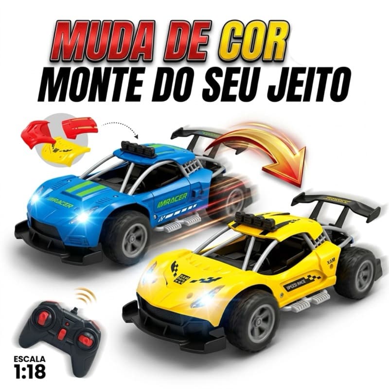 Carrinho Controle Remoto Recarregável  Personalizável com Luz LED Muda de Cor e Montável