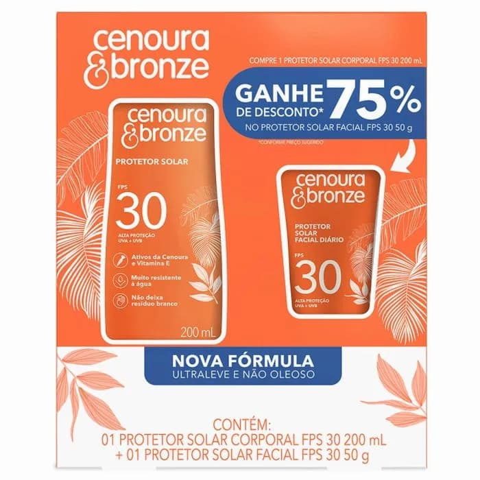 Kit Protetor solar 30FPS  50G Facial + 200ml Corporal 30 FPS Cenoura & Bronze