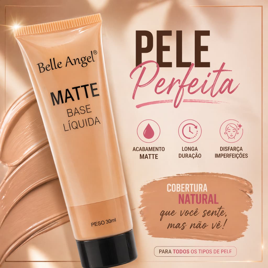 Base Líquida Matte Belle Angel | Cobertura Média | Alta Durabilidade | Longa Duração | Maquiagem Profissional