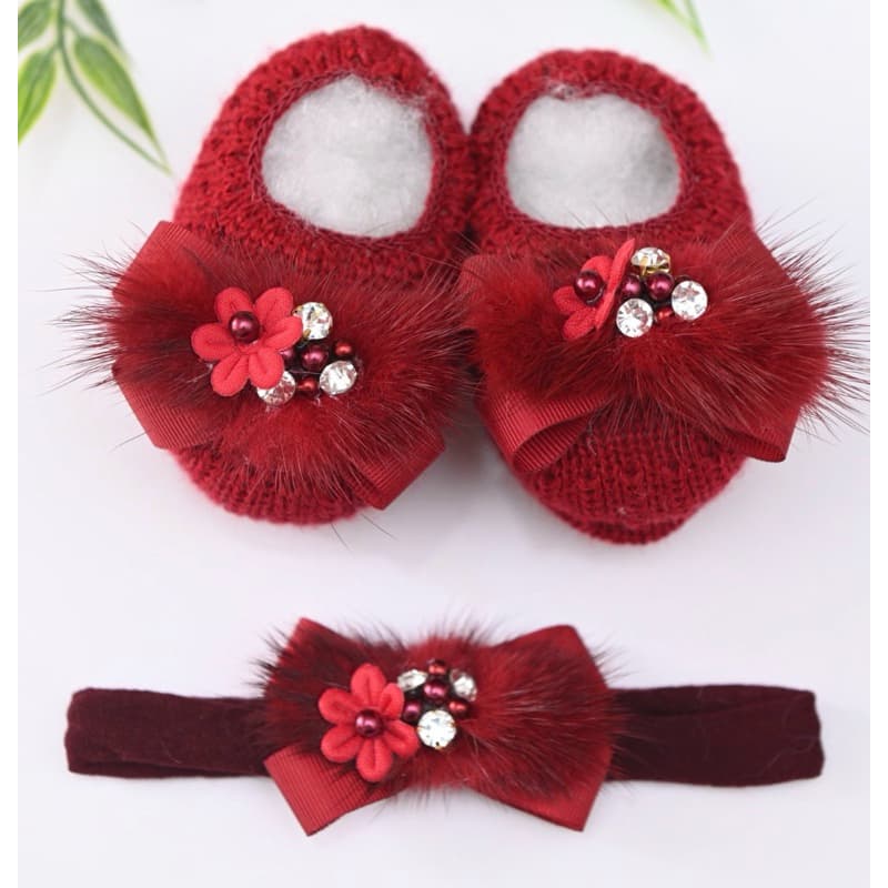 Kit sapatinho de tricô de menina com faixa de cabelo - Enxoval de bebe - Kit Saída Maternidade