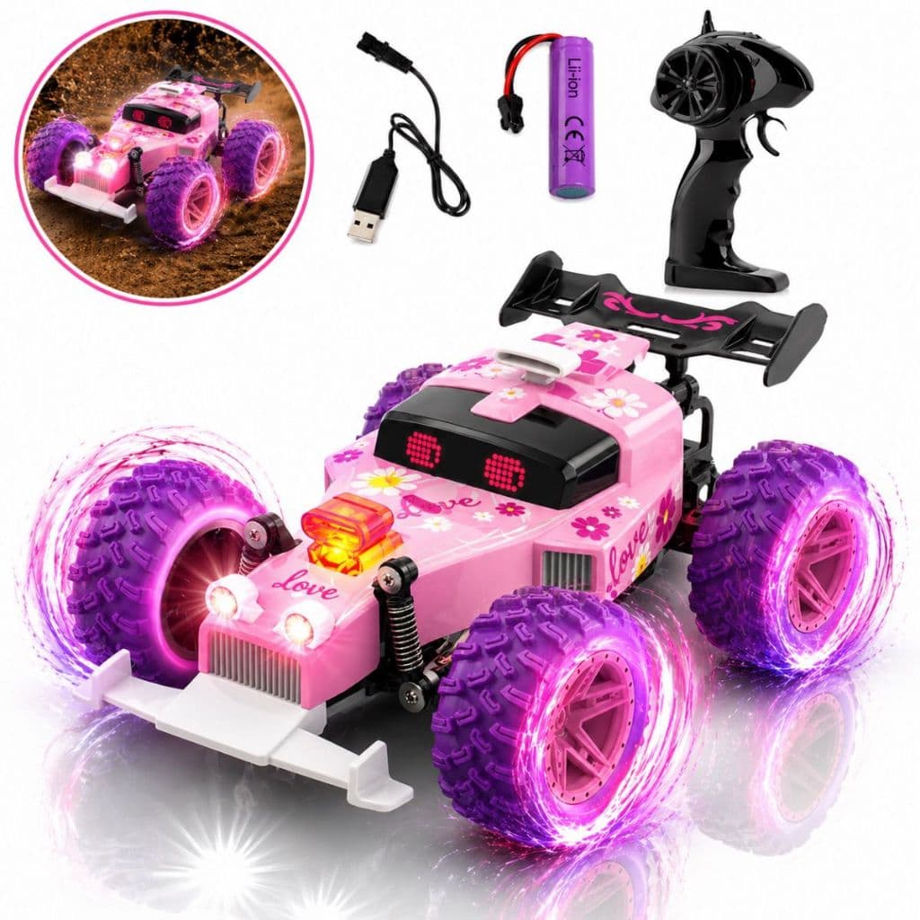 Carrinho Controle Remoto Rosa Menina Recarregável 4x4 Anda na Terra Resistente