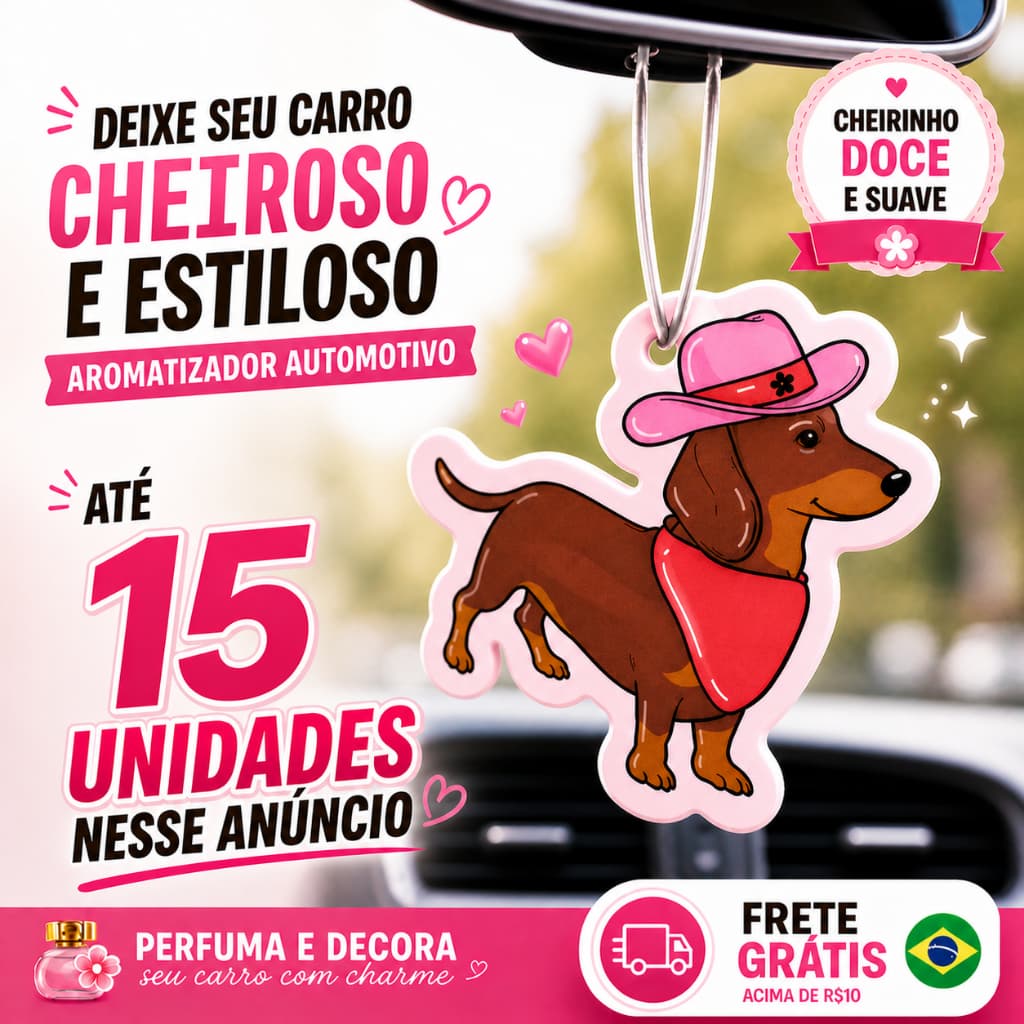 Cheirinho parAromatizador Automotivo Cachorrinho Salsicha – Doce Suave | Pingente Retrovisor Carro | Kit 4, 10 ou 15 Uni