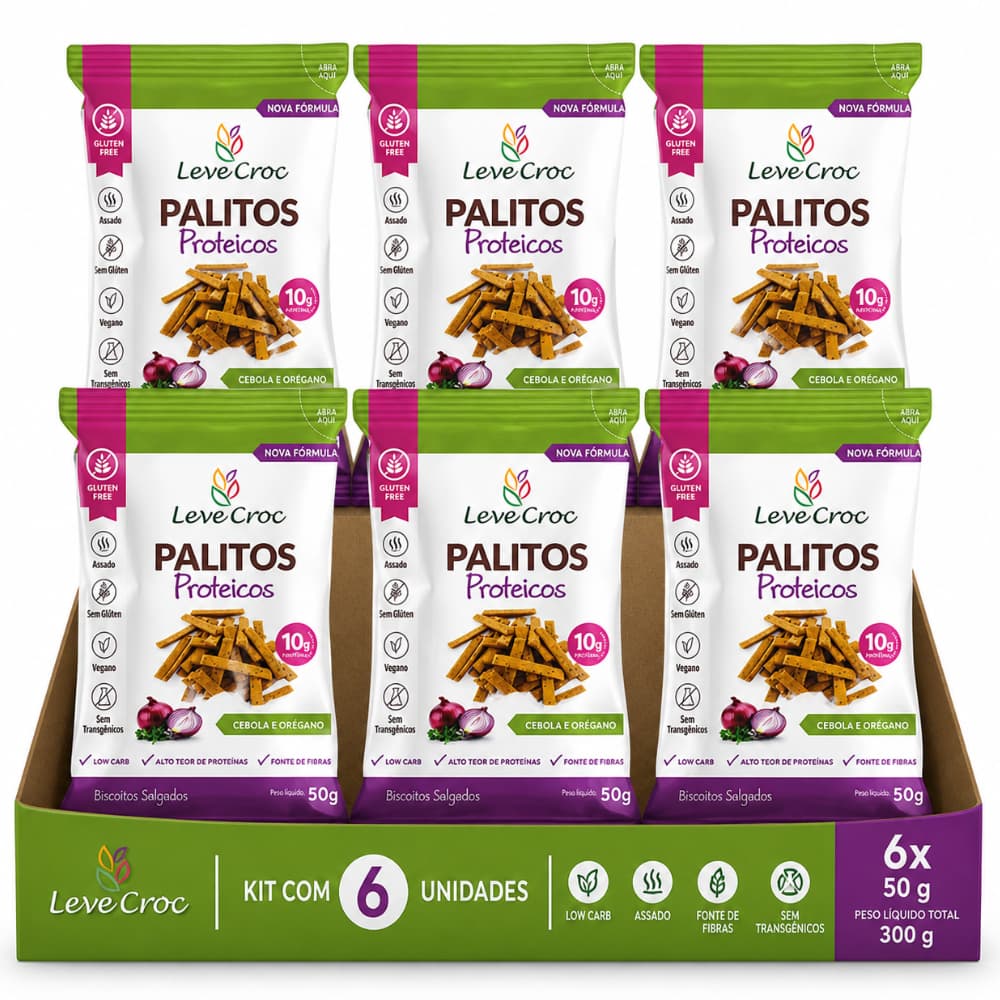 Kit 6 Biscoitos Proteicos Low Carb Palitos Cebola e Orégano Vegano Sem Glúten Snack Saudável 50g