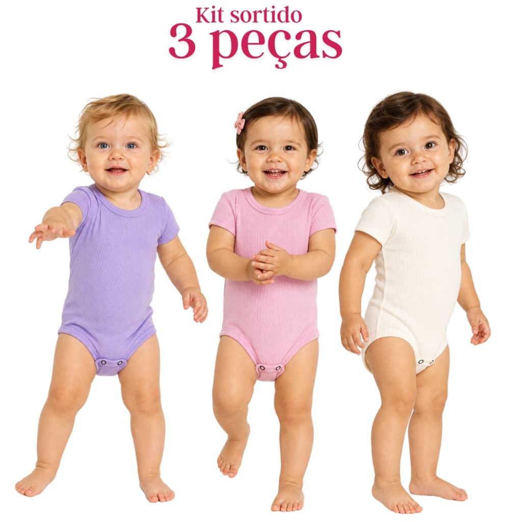 Kit 3 Peças Body Bebê Menina Manga Curta Ribana Canelada Liso Cores Sortidas Enxoval