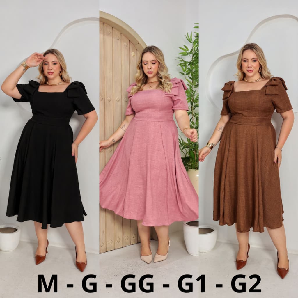 Vestido Mídi feminino com Manga e Laço Na Ombro Plus Size tem Forro, tecido duna linho.
