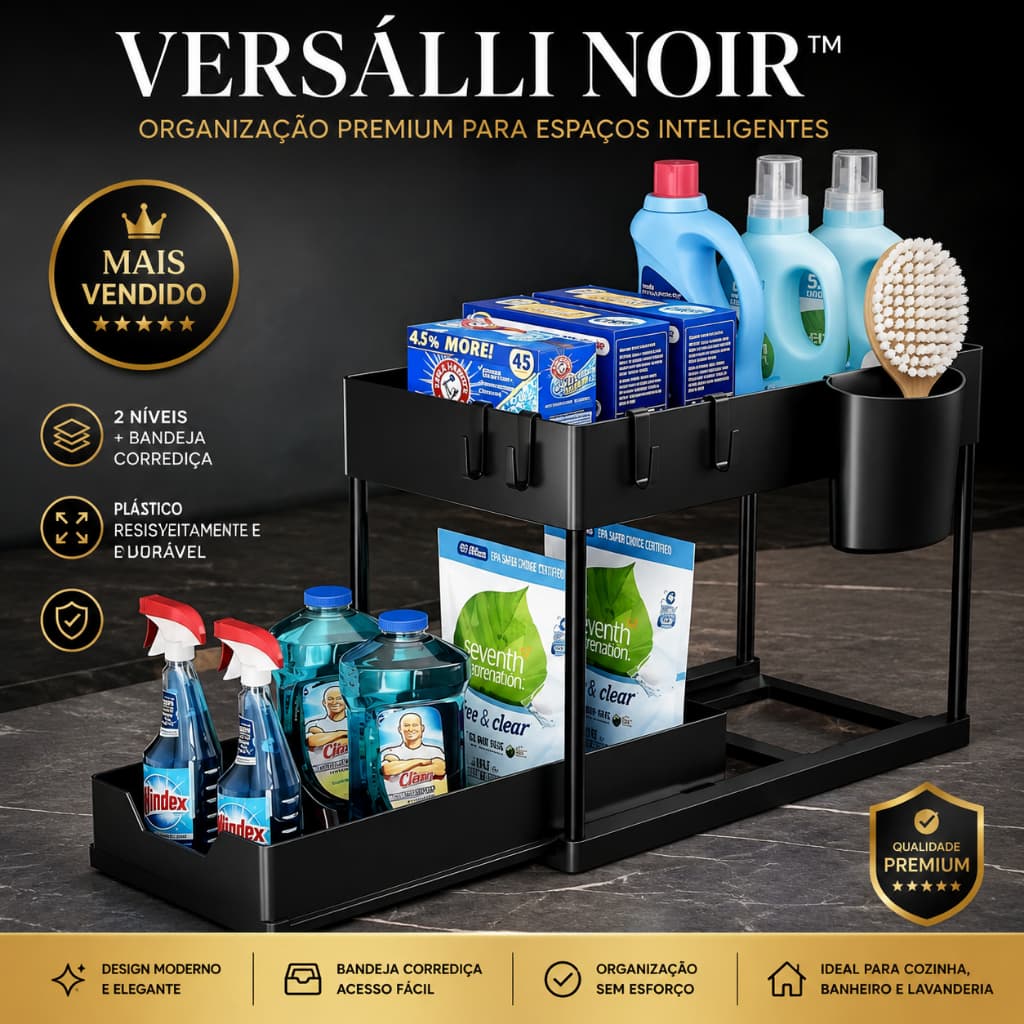 Organizador Multiuso Versálli Noir 2 Níveis com Bandeja Corrediça | Suporte Organizador para Cozinha, Banheiro e Lavande