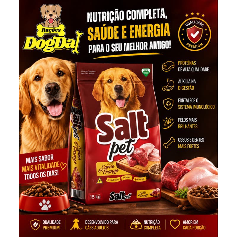 Ração para Cães Adultos Salt Pet 15kg Sabor Carne e Frango SEM CORANTE