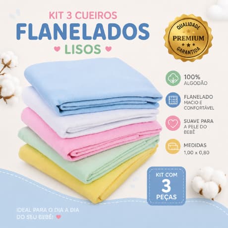 Kit 3 Peças Cueiro Premium Manta Bebê Liso Flanelado 1,00 x 0,80 Enxoval