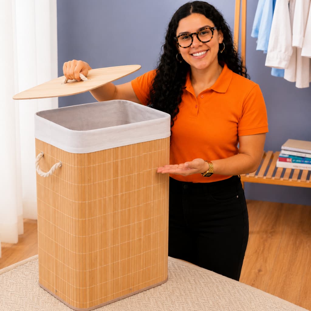 Cesto Organizador De Roupas Em Bambu Dobrável Com Tampa 72L Lavanderia Banheiro Quarto Natural