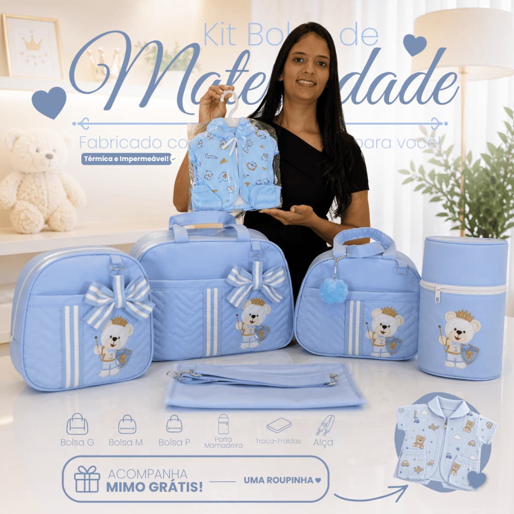 Kit Enxoval de Bebê completo com 5 peças para Maternidade com Bolsa Maternidade Menino com Rei Urso