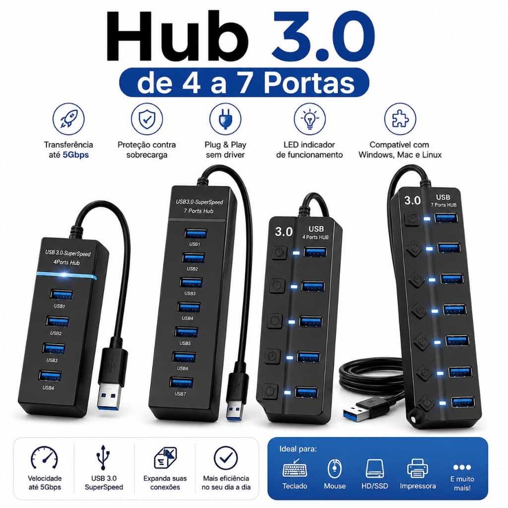 Hub Grande Cabo USB 3.0 Adaptador 7 Portas Alta Velocidade Notebook PC Mouse Teclado 5Gbps Pen Drive