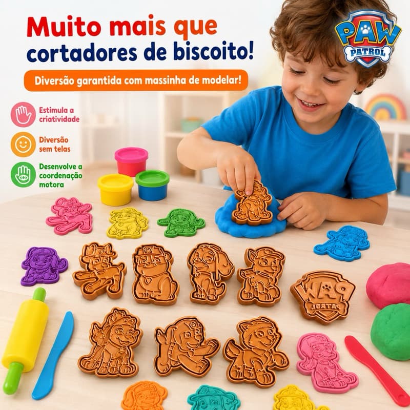 Kit Cortador de Biscoito Patrulha Canina Infantil 9 Personagens Bolacha Massinha Modelar