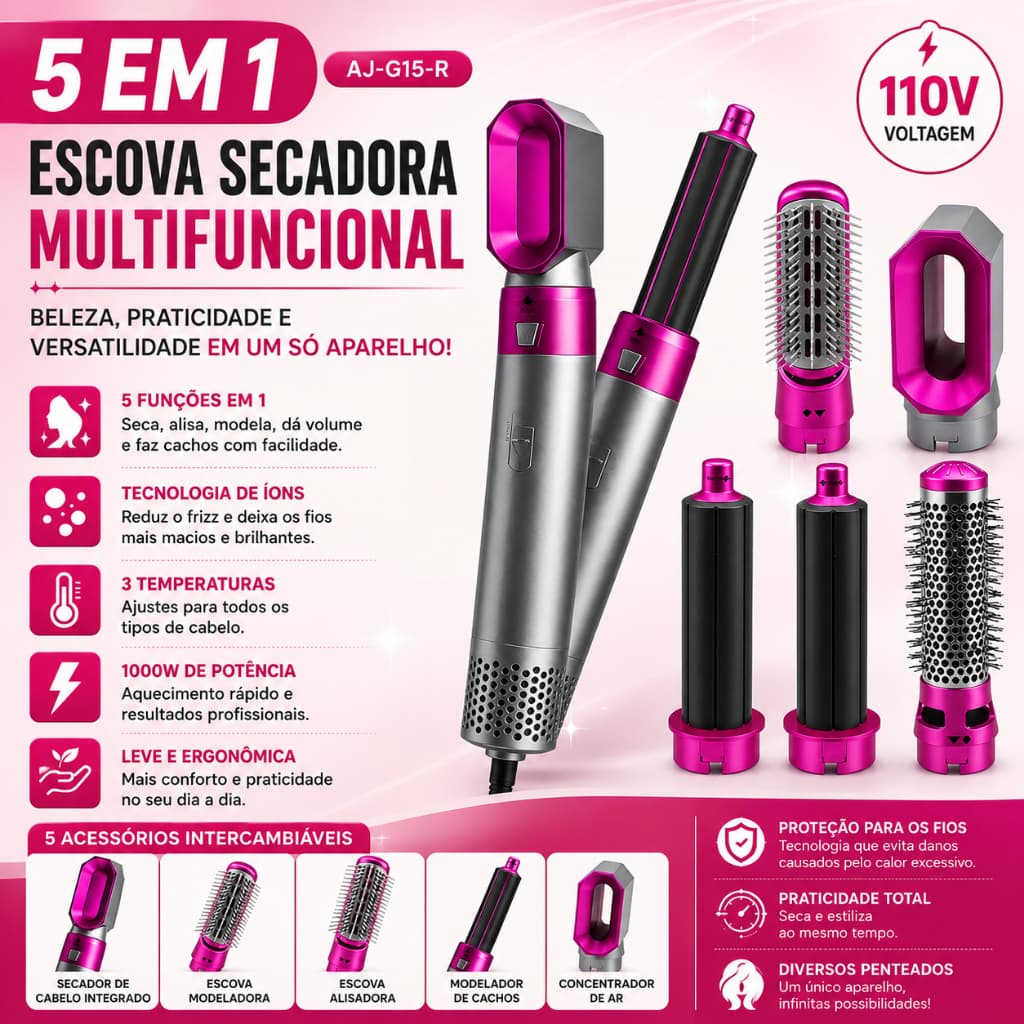 Modelador de Cabelo 5 em 1 Profissional – Secador, Escova e Modelador