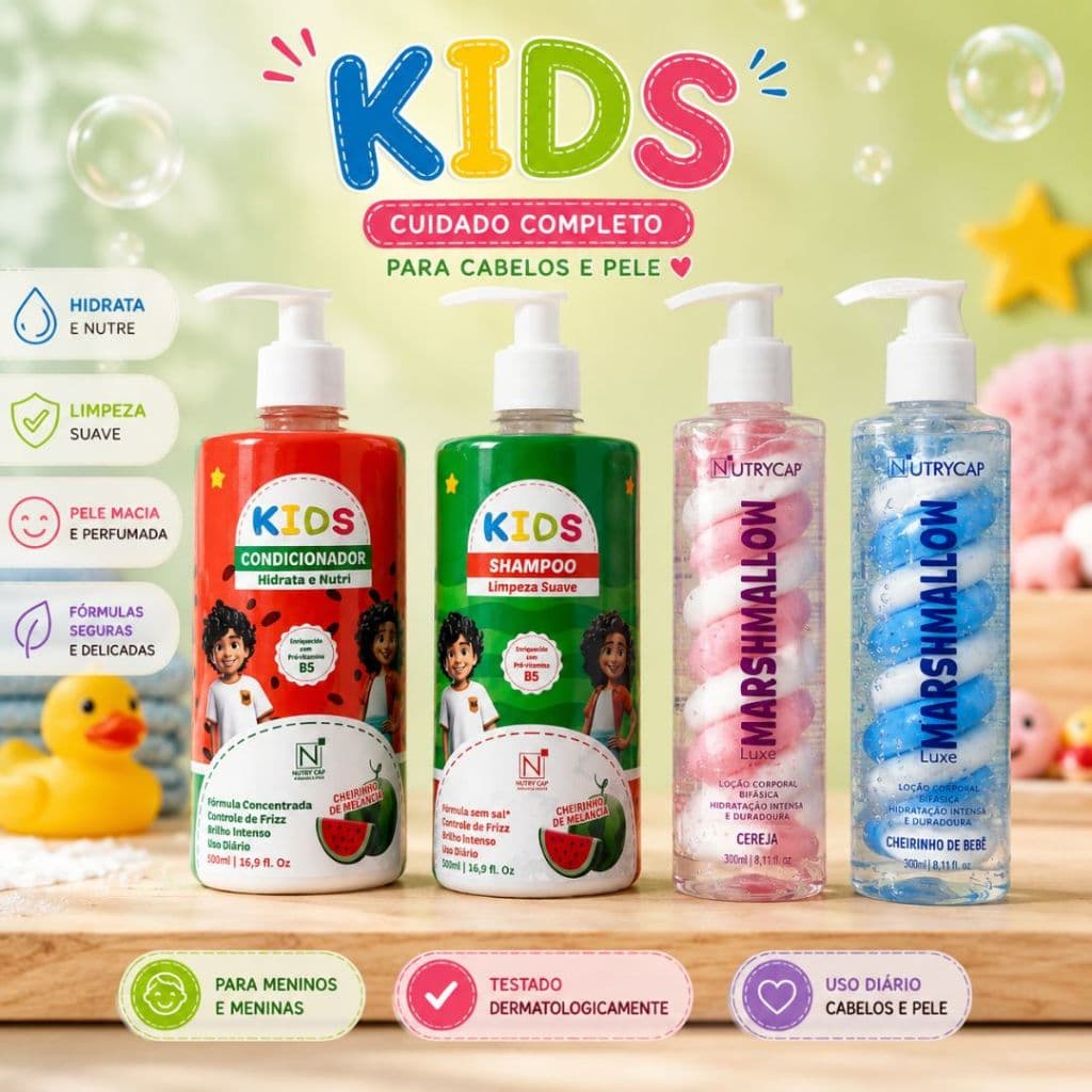 Kit Marshmallow Kids Nutry Cap Shampoo + Condicionador + Hidratante Infantil Meninas e Meninos