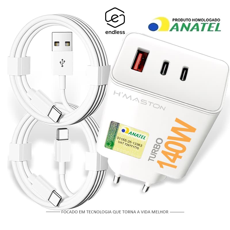 3  ports Usb e Tipo C Fonte Carregador Turbo com Cabo Tipo-C lightning 140W Super Rápido Para Celular Notebook
