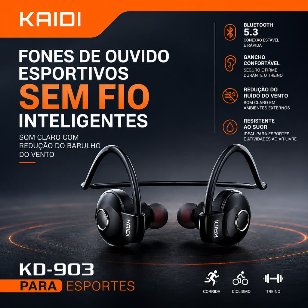 Fone de Ouvido Sem Fio Esportivo KAIDI KD-903 com Bluetooth 5.3 e Bateria de Longa Duração