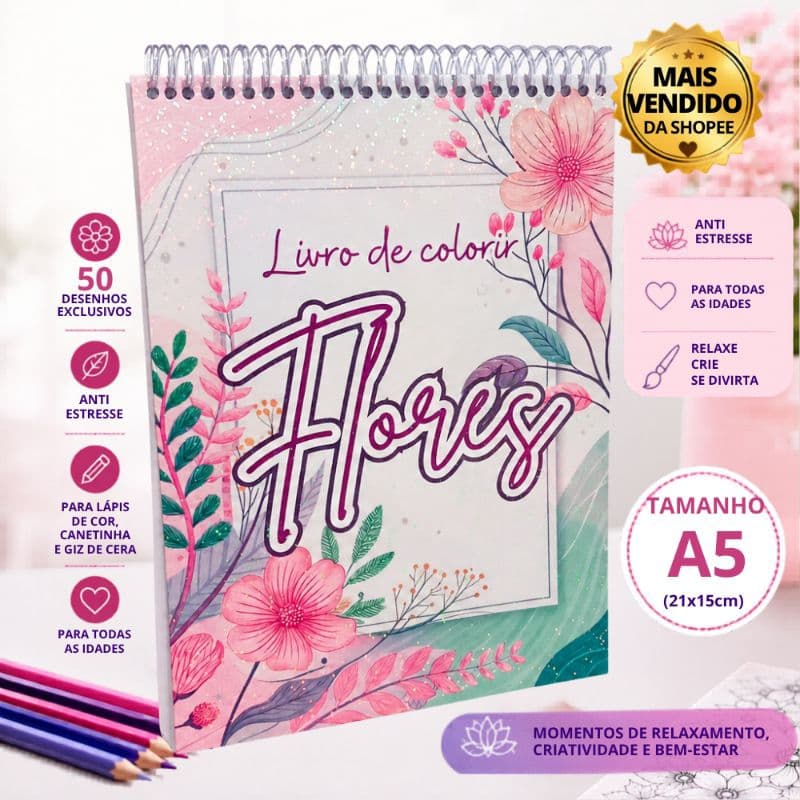 LIVRO DE COLORIR FLORES 50 DESENHOS MARAVILHOSOS CAPA DURA HOLOGRÁFICA/ CADERNO DE COLORIR FLORES IDEAL PARA PRESENTE