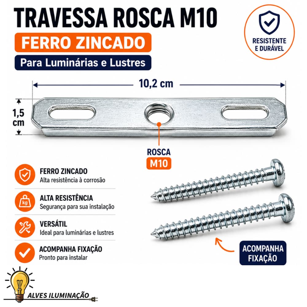 Kit 10 Travessas Pé de Galinha Rosca M10 de Ferro Zincado para Luminárias Pendente e Lustres com Fixação Completa