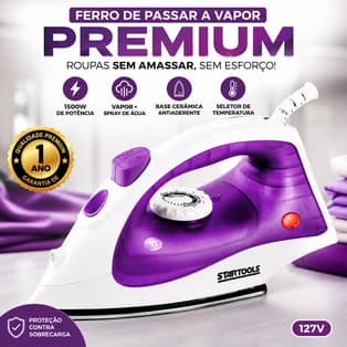 Ferro de Passar A Vapor Premium Startools 127V Base Cerâmica Antiaderente 1500W Spray Água Roupas Sem Amassar