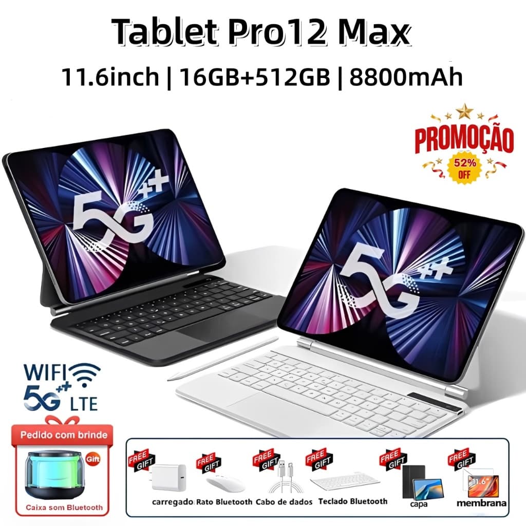 【Teclado e mouse grátis】Tablet  Pro12 Max, 11,6 polegadas, 16 GB + 512 GB, bateria de 8.800 mAh, Android 14, dual SIM