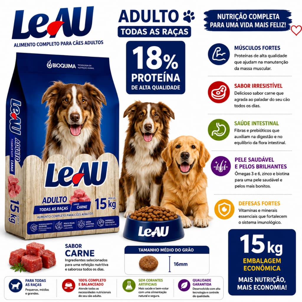 Ração Cachorro Adulto 15kg Leau Dog Sabor Carne 18% Proteína